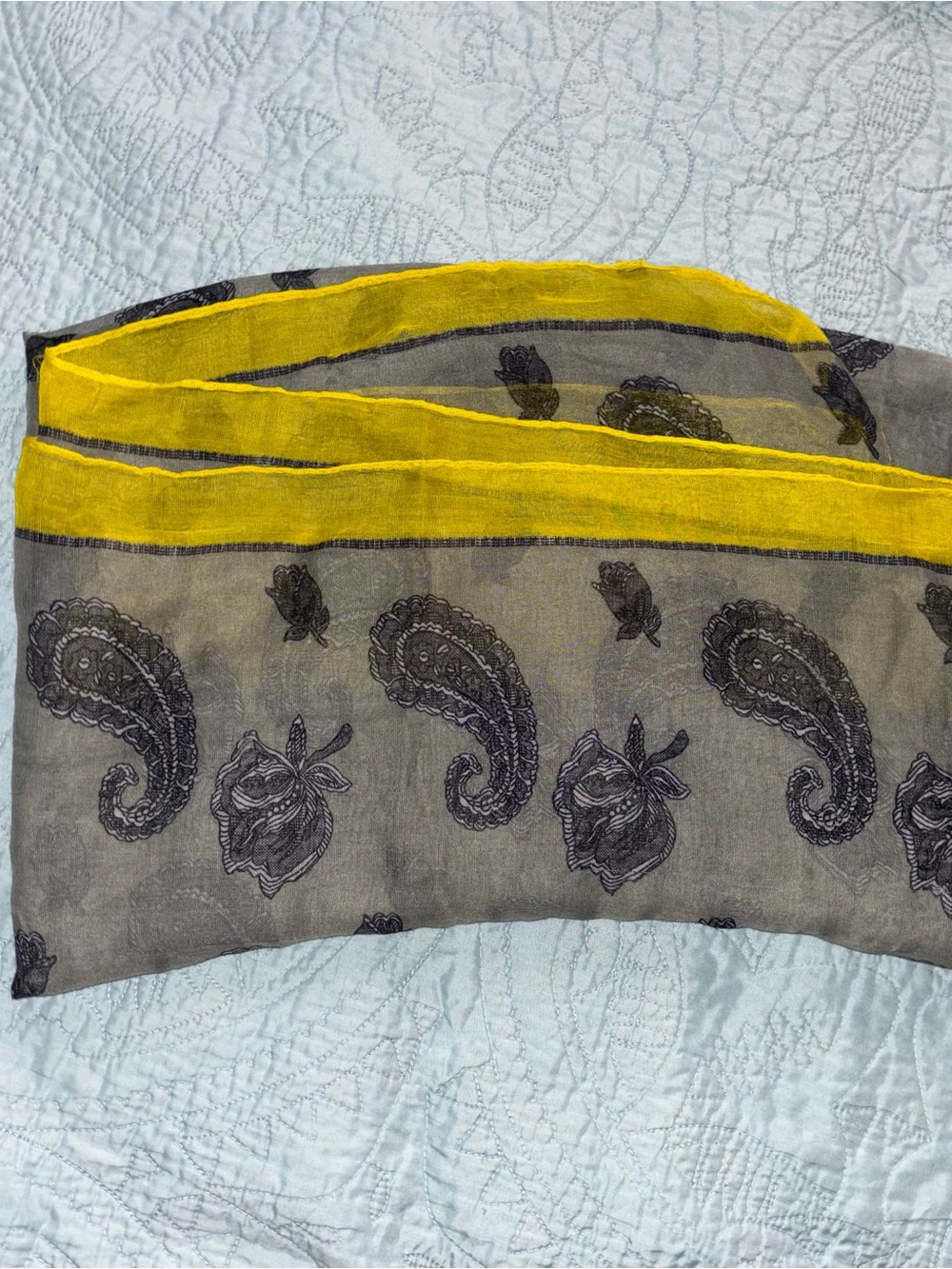 Sheer Gray Paisley Scarf with Bright Yellow Edge
